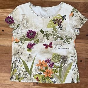 Y2K Christopher & Banks Coastal Botanical Print Short Sleeve T-Shirt Women XL